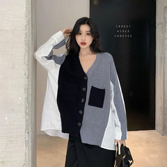 Cárdigan de gasa con cuello en V y costuras en blanco y negro en la espalda