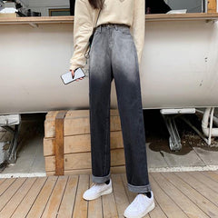 Vaqueros rectos de cintura alta con lavado degradado en azul y negro