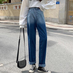 Vaqueros rectos de cintura alta con lavado degradado en azul y negro