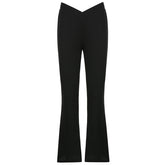 Schwarze, karamellfarbene, V-förmige, hoch taillierte, dünne Schlaghose