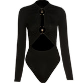 Body ajustado de manga larga con hebillas doradas y estilo chic negro