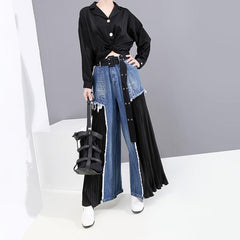 Schwarze Chiffon-Jeans mit weitem Bein und Plissee-Nähten