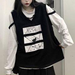 Chaleco técnico de punto holgado con estampado de cómic negro