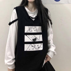 Chaleco técnico de punto holgado con estampado de cómic negro