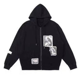 Schwarz-grauer Grunge-Ästhetik-Patches-Loose Hoodie