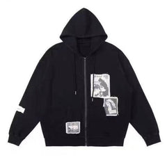 Schwarz-grauer Grunge-Ästhetik-Patches-Loose Hoodie