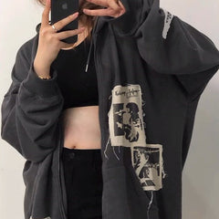 Schwarz-grauer Grunge-Ästhetik-Patches-Loose Hoodie