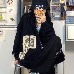 Schwarz-grauer Grunge-Ästhetik-Patches-Loose Hoodie