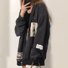 Schwarz-grauer Grunge-Ästhetik-Patches-Loose Hoodie