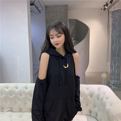 Übergroßer Hoodie mit offenen Schultern und Mond-Print in Schwarz und Grau