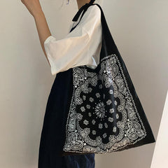 Bolsa de compras de lona estética estilo bandana hip hop negra