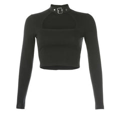 Schwarzes, langärmliges Crop-Top mit ausgehöhltem Gürtelkragen