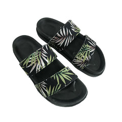 Flache Sommersandalen aus schwarzem PU mit Palmenblättern-Print