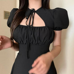 Vestido coreano de moda con mangas abullonadas, negro y morado