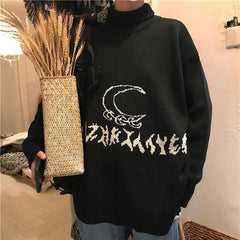 Suéter de punto cálido con estampado de luna, símbolos negros y morados