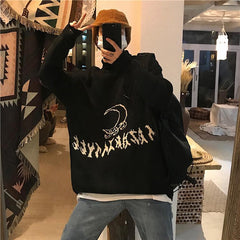 Suéter de punto cálido con estampado de luna, símbolos negros y morados