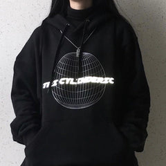 Schwarzer Rave Aesthetic Print Plus Loose Velvet Hoodie