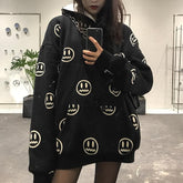 Schwarz-roter warmer Samt-Hoodie mit Emoji-Muster