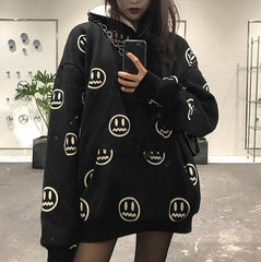 Schwarz-roter warmer Samt-Hoodie mit Emoji-Muster