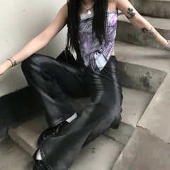 Schwarze Retro-Jeanshose mit Batikmuster und hoher Taille