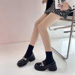 Mocasines de tacón medio grueso con banda de diamantes de imitación negros