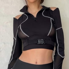 Schwarzes transparentes Techwear-Crop-Top mit Cut-Outs und Reißverschlusskragen