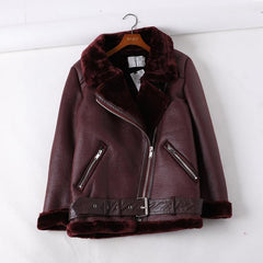 Chaqueta de cuero para motocicleta de terciopelo cálido, color negro Vinous