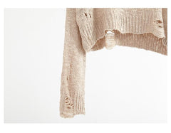 Suéteres cortos de punto con agujeros rotos, negros, blancos y beige