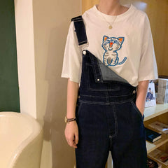 Camiseta extragrande con bordado de gato lindo en blanco y negro