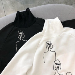 Sudadera de manga larga con cuello alto y estampado de pintura para mujer, color blanco y negro