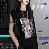 Camiseta holgada con estampado retro de celulares en blanco y negro