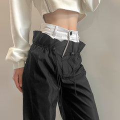 Pantalones holgados con cordón en la cintura, de Techwear, en blanco y negro
