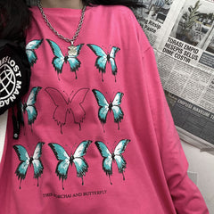 Camisa holgada de manga larga con estampado de mariposas azules