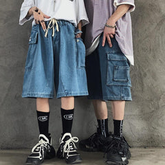 Shorts vaqueros azules de tendencia adolescente con bolsillos grandes