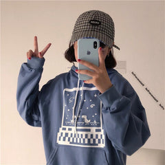 Sudadera E-Girl con estampado de videojuego retro en azul y verde