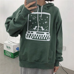 Sudadera E-Girl con estampado de videojuego retro en azul y verde