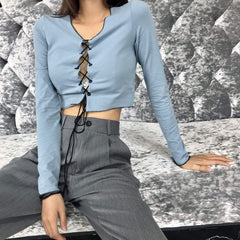 Camisa de manga larga, corta y fina con encaje azul