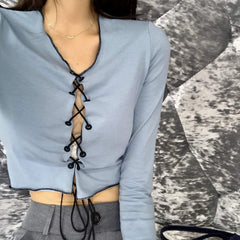 Camisa de manga larga, corta y fina con encaje azul