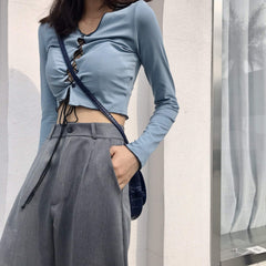 Camisa de manga larga, corta y fina con encaje azul