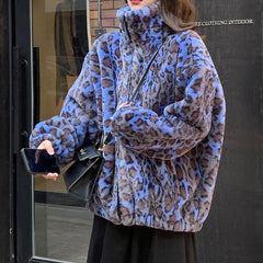 Chaqueta extragrande suave y esponjosa con estampado de leopardo azul