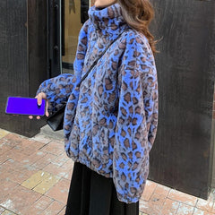 Chaqueta extragrande suave y esponjosa con estampado de leopardo azul