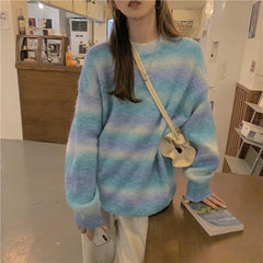 Suéter suelto de punto con rayas en degradado pastel azul y rosa