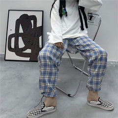 Blau karierte Vintage bequeme lockere Hose mit hoher Taille