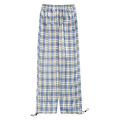 Blau karierte Vintage bequeme lockere Hose mit hoher Taille