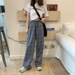 Pantalones holgados de cintura alta con cuadros retro azules