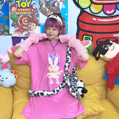 Camiseta extragrande con estampado de dibujos animados de Trolls de los años 90 en rosa brillante