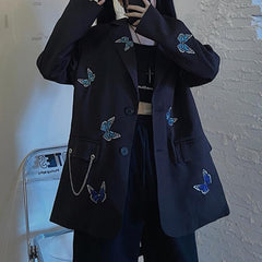 Lässige schwarze Weste und Jacke mit Schmetterlingsstickerei