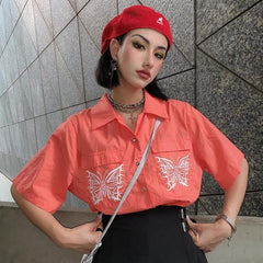 Camisa Ulzzang de manga corta naranja con bordado de mariposas
