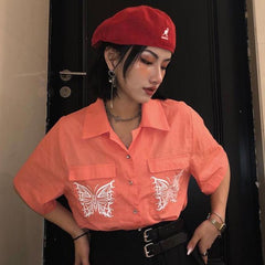 Camisa Ulzzang de manga corta naranja con bordado de mariposas