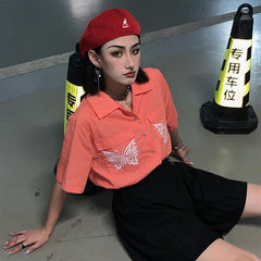 Camisa Ulzzang de manga corta naranja con bordado de mariposas